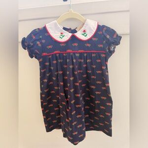 The Beaufort Bonnet Company Navy Dress with Red and Green Heart Pattern